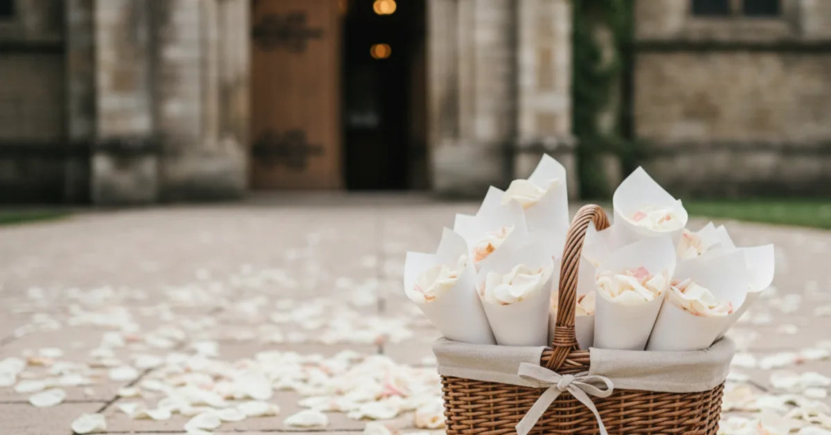 Parvis d'église avec pétales de fleurs au sol et cônes de confettis préparés