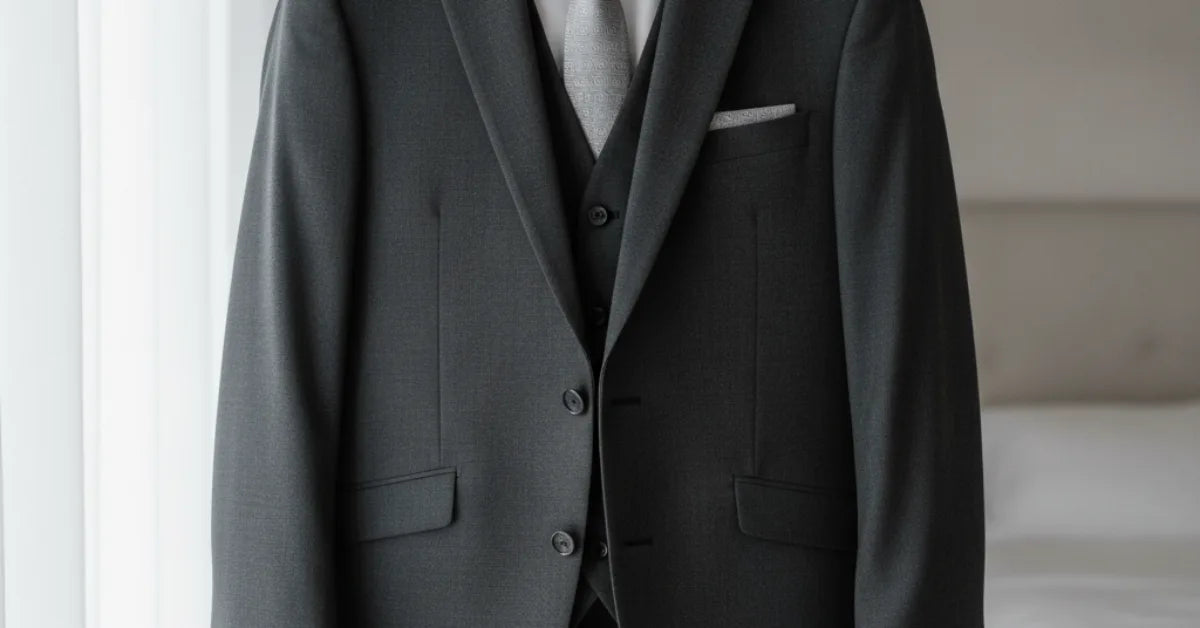 Costume de marié trois pièces présenté sur cintre avec chemise et cravate assorties