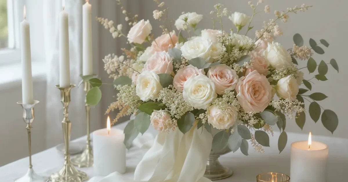 Palette de couleurs de mariage 2026 : vert sauge, blush et crème en fleurs, rubans et bougies