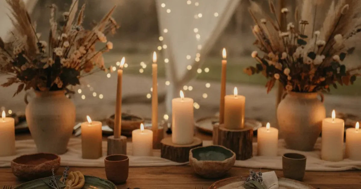 Table de mariage contemporaine aux tons terreux avec vaisselle artisanale et bougies
