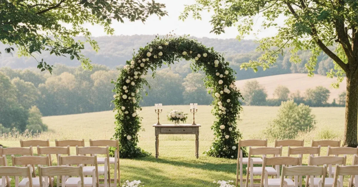 Cérémonie de mariage en extérieur avec arche végétale et chaises en bois clair