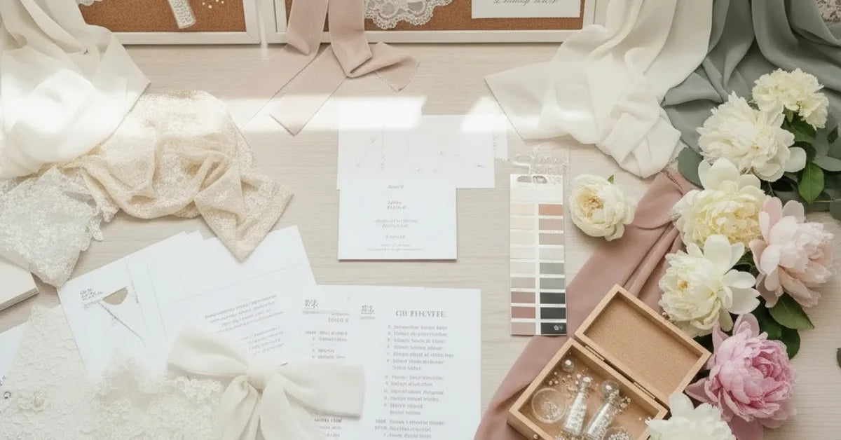 Planche d'inspiration de mariage avec échantillons de tissus, fleurs et nuancier