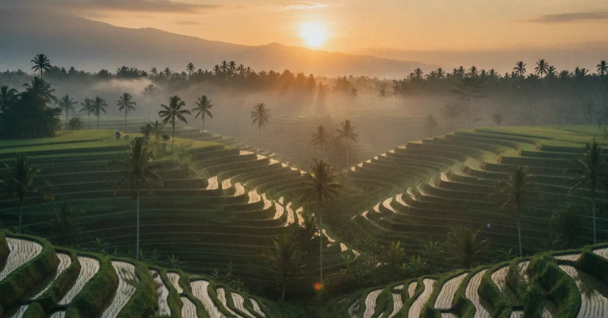 Rizières en terrasses de Bali au lever du soleil avec palmiers et brume
