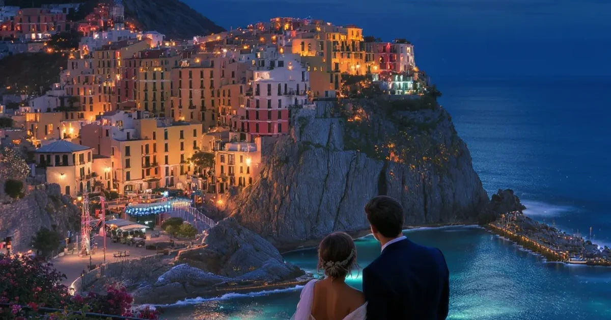 Voyage de noces en Italie : couple surplombant la côte amalfitaine au coucher du soleil
