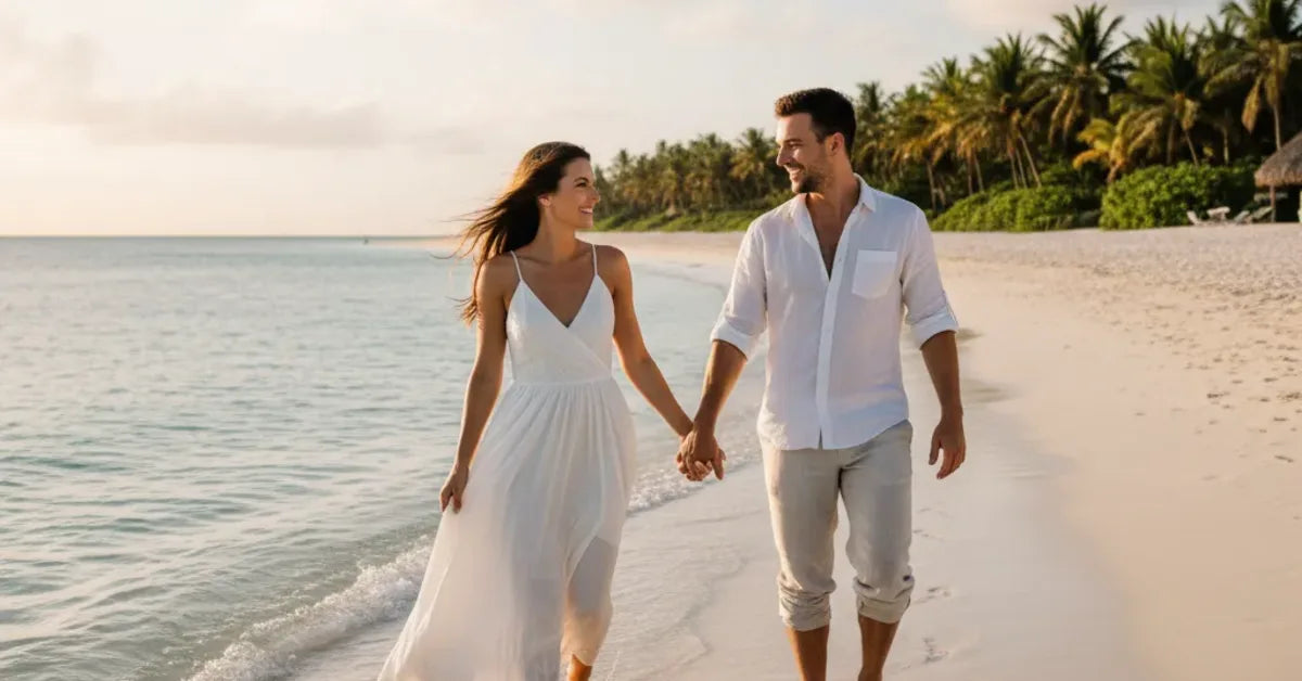 Jeunes mariés marchant main dans la main sur une plage tropicale pour leur voyage de noces
