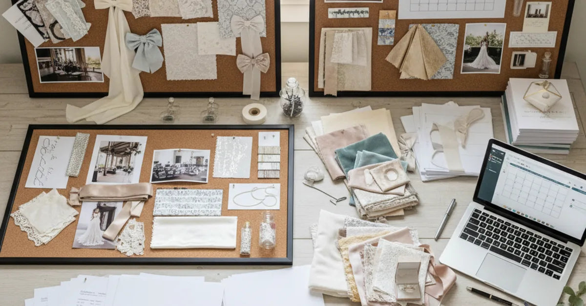 Bureau de wedding planner avec planches d'inspiration, échantillons et rétroplanning
