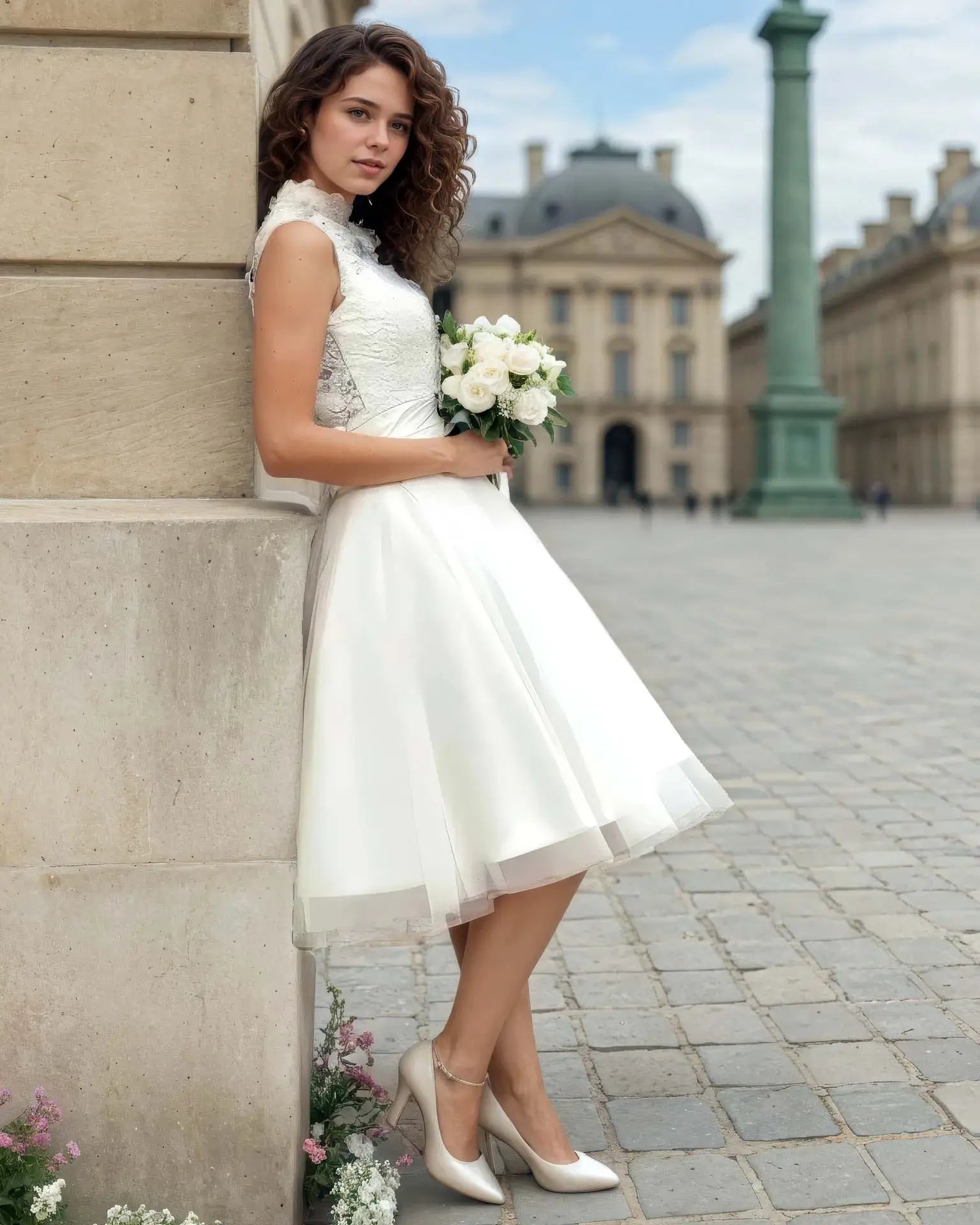 Robe de mariée courte vintage parisienne en dentelle, modèle rétro années 50 avec jupe évasée, photographiée en extérieur à Paris.