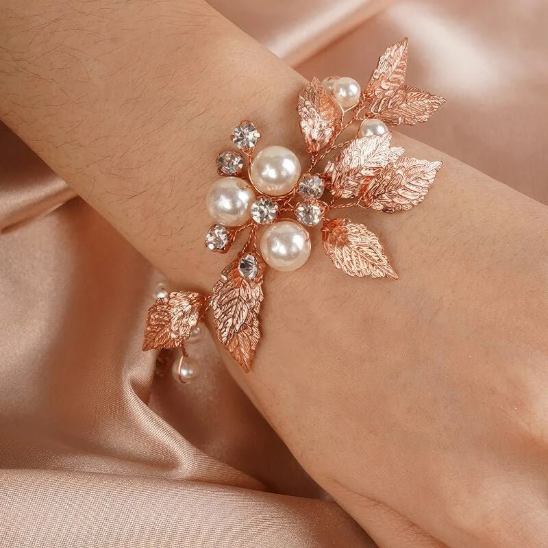 Bracelet mariée feuilles Or rose - Vue de dos