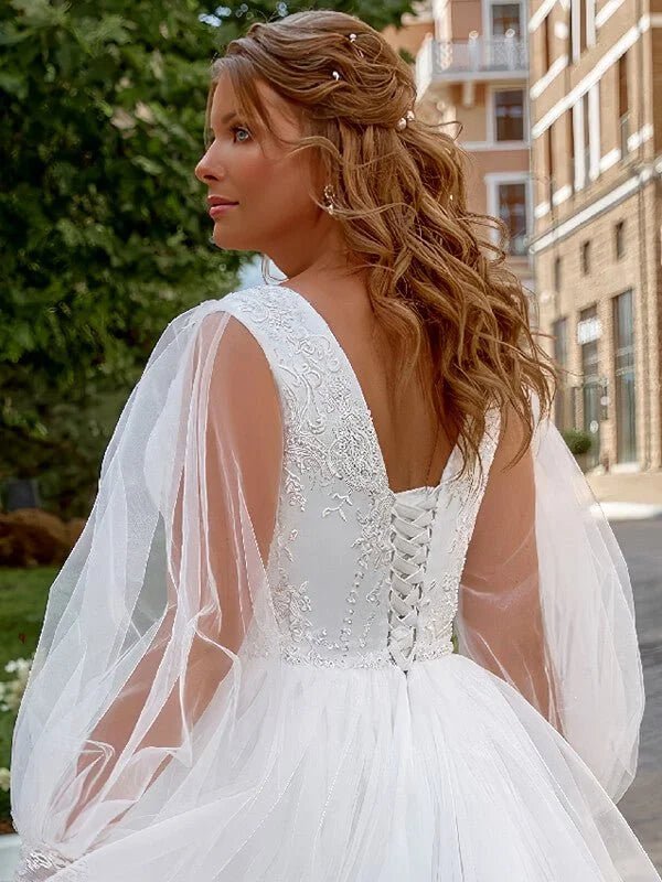 Robe de Mariée à Manches Bouffantes Grande Taille