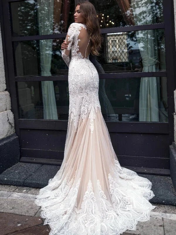 Robe de Mariée Élégante Sirène Manches Longues - Vue de côté