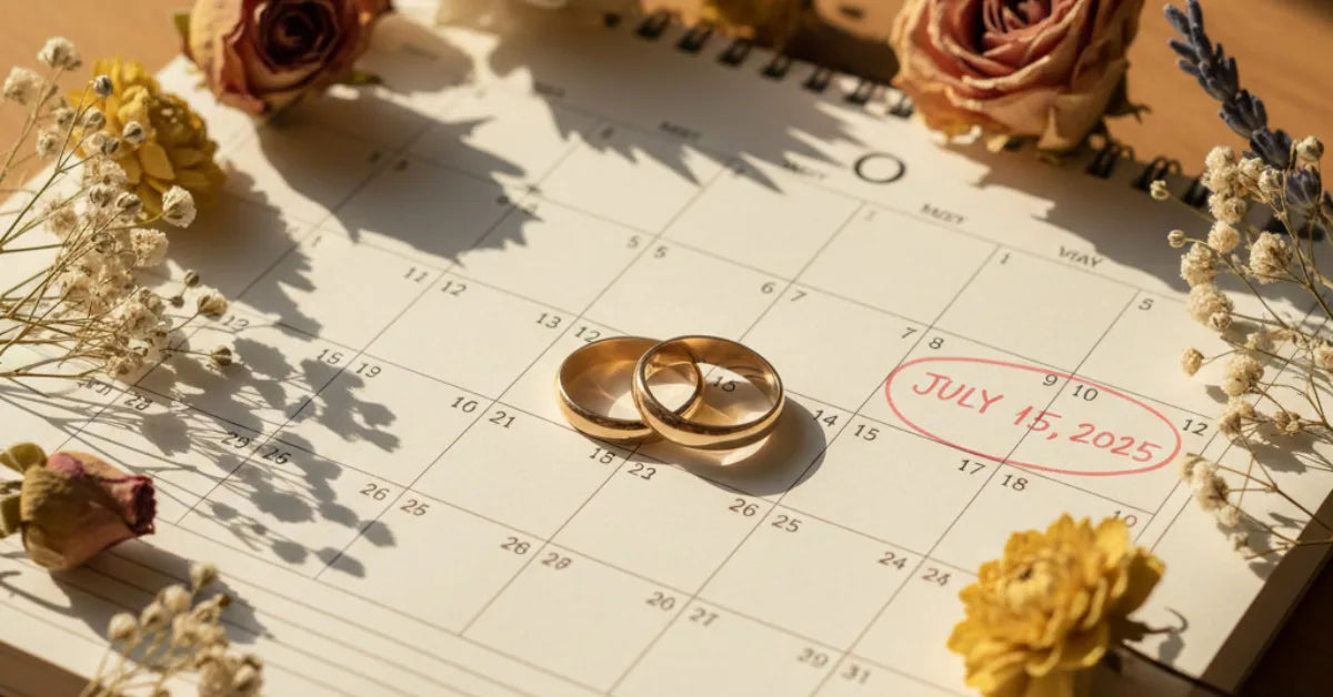 Deux alliances posées sur un calendrier ouvert entouré de fleurs séchées
