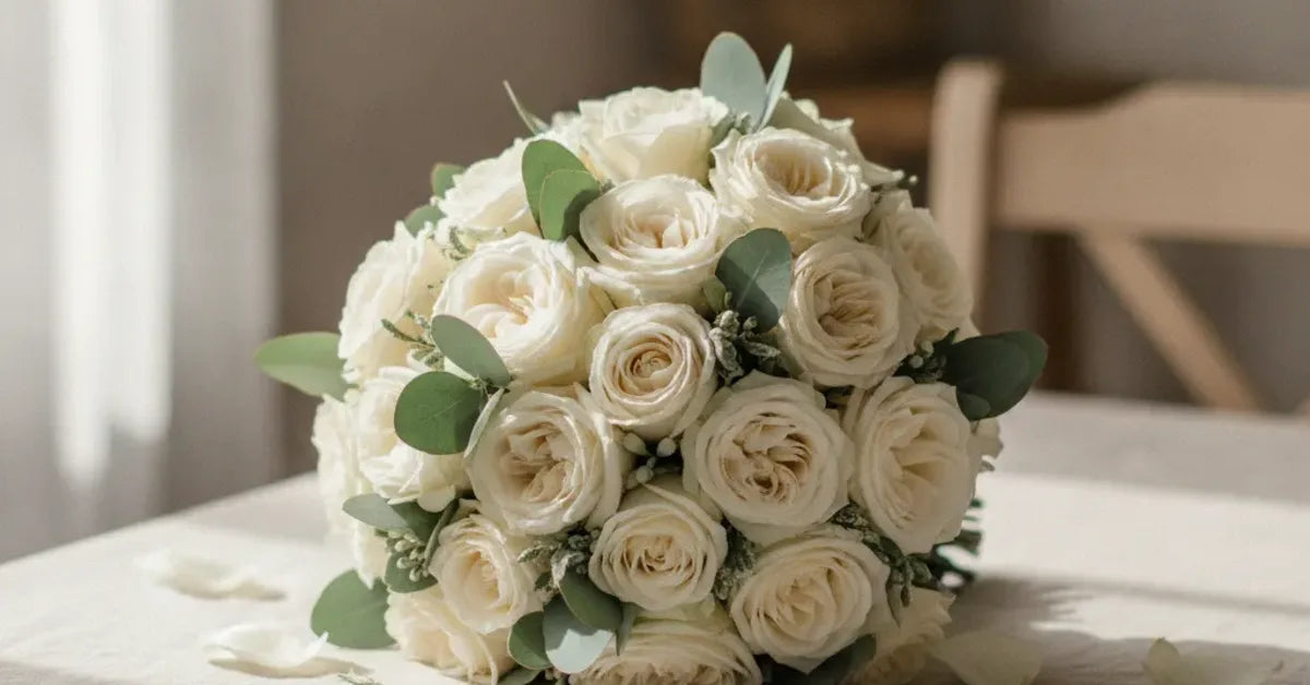 Bouquet de mariée rond en roses blanches et eucalyptus posé sur une nappe claire