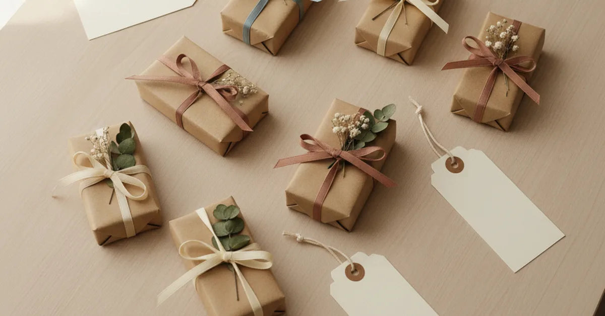 Cadeaux d'invités de mariage emballés et étiquetés alignés sur une table