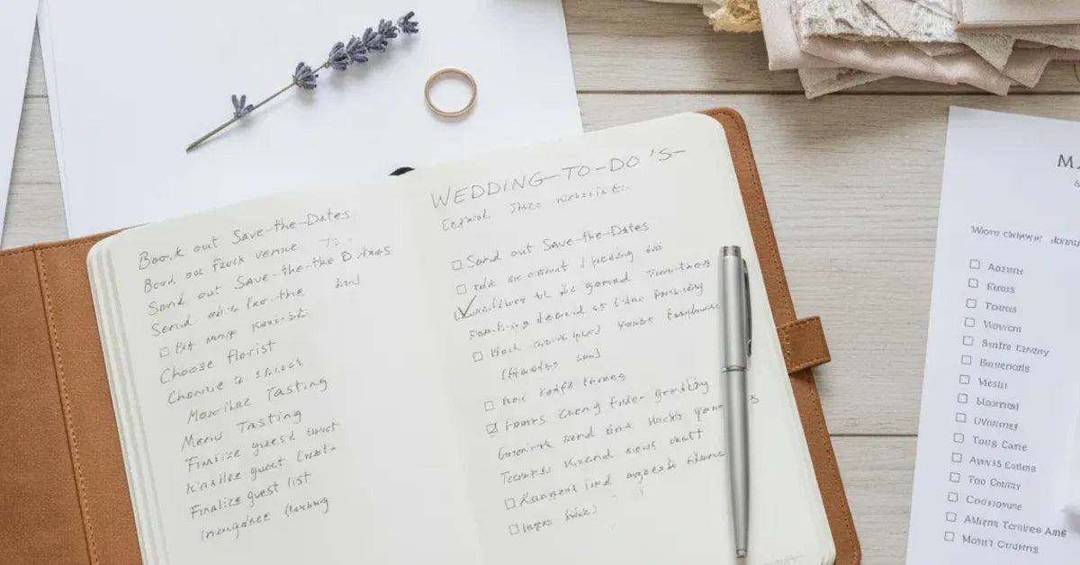 Checklist de mariage manuscrite cochée posée sur un bureau avec agenda et stylo