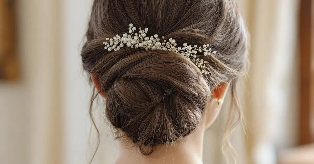 Chignon de mariée bas et élégant vu de dos avec épingle perlée et mèches souples