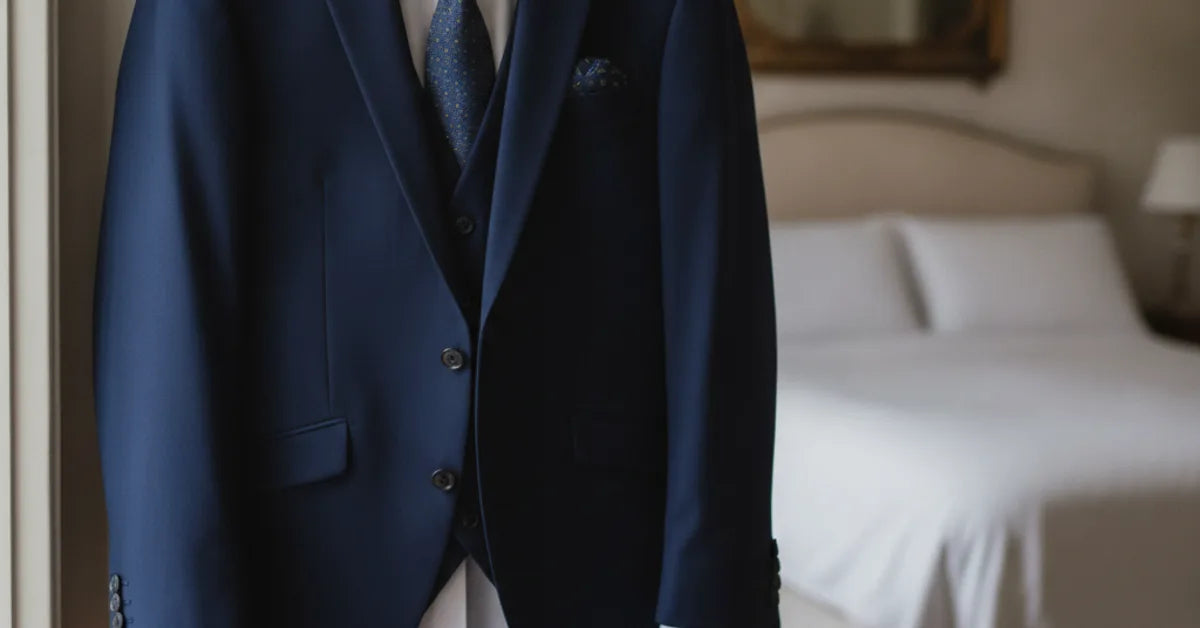 Costume de marié bleu nuit suspendu sur cintre dans la chambre avant la cérémonie