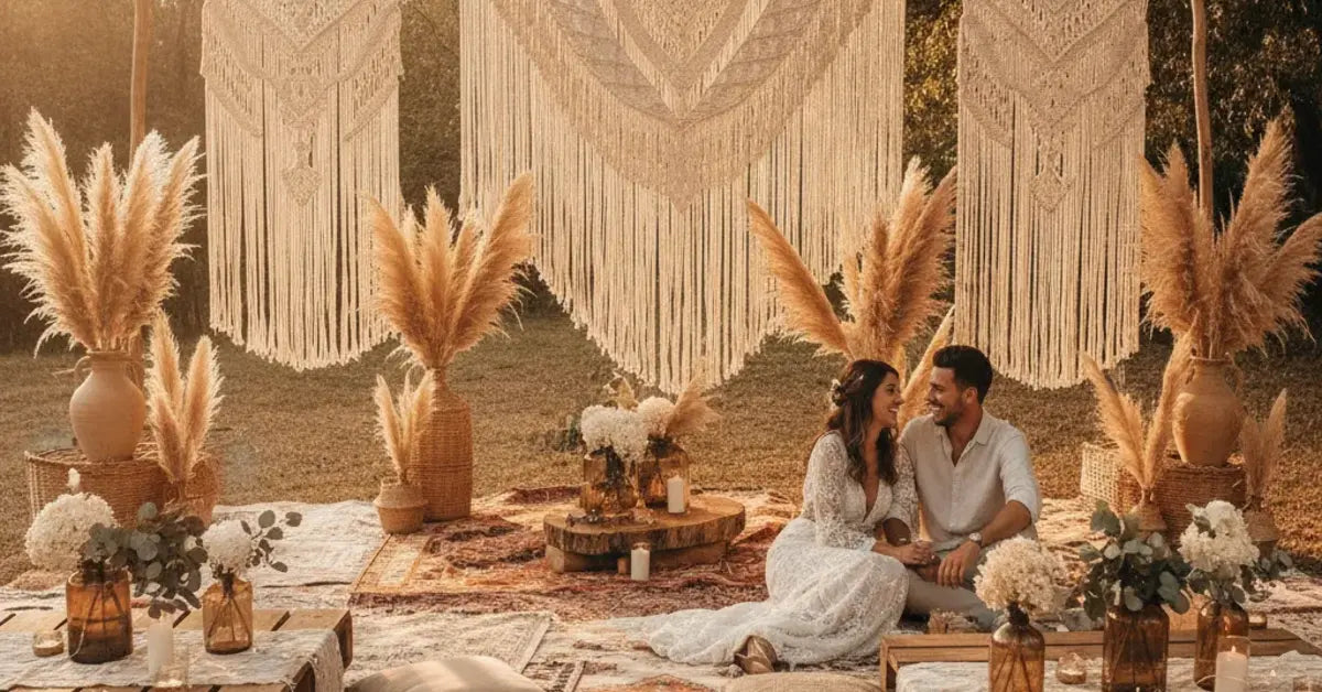 Décoration de mariage bohème avec macramé, pampa et tapis berbères en extérieur