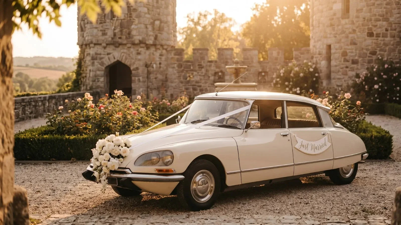 Voiture mariage citroen DS decoree fleurs ribbon Just Married chateau