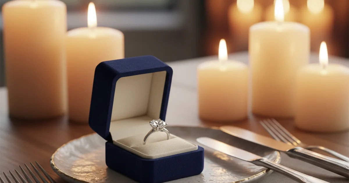 Écrin ouvert avec bague de fiançailles posé sur une table dressée aux bougies