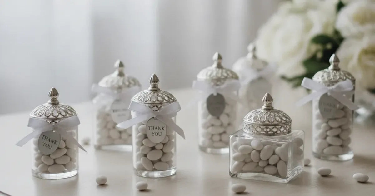Dragées blanches et amandes présentées dans des contenants de mariage élégants