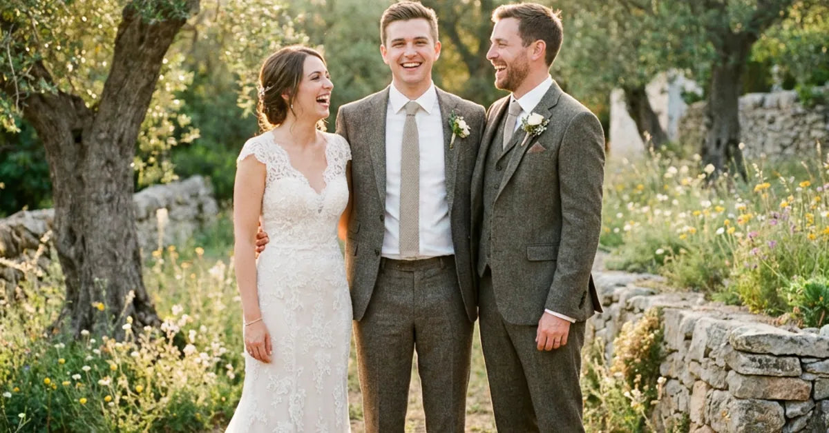 Jeune témoin de mariage aux côtés des mariés en extérieur, souriant, lumière dorée