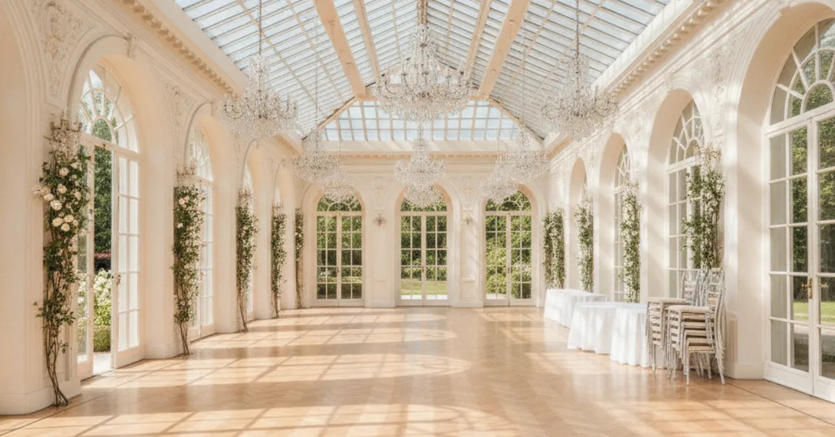 Grande salle de réception de mariage vide avec parquet, verrière et lustres