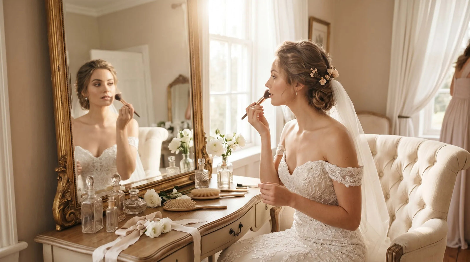 Mariee elegante se maquillant devant un miroir vintage dans une suite ensoleillee