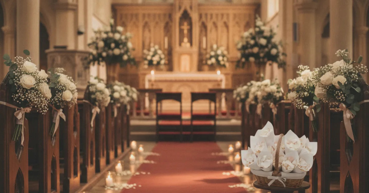 Nef d'église fleurie et éclairée préparée pour une cérémonie de mariage religieux