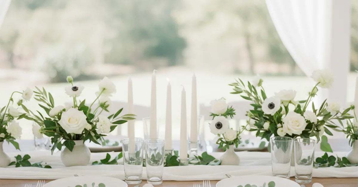 Table de mariage épurée en blanc et vert avec vaisselle simple et bougies