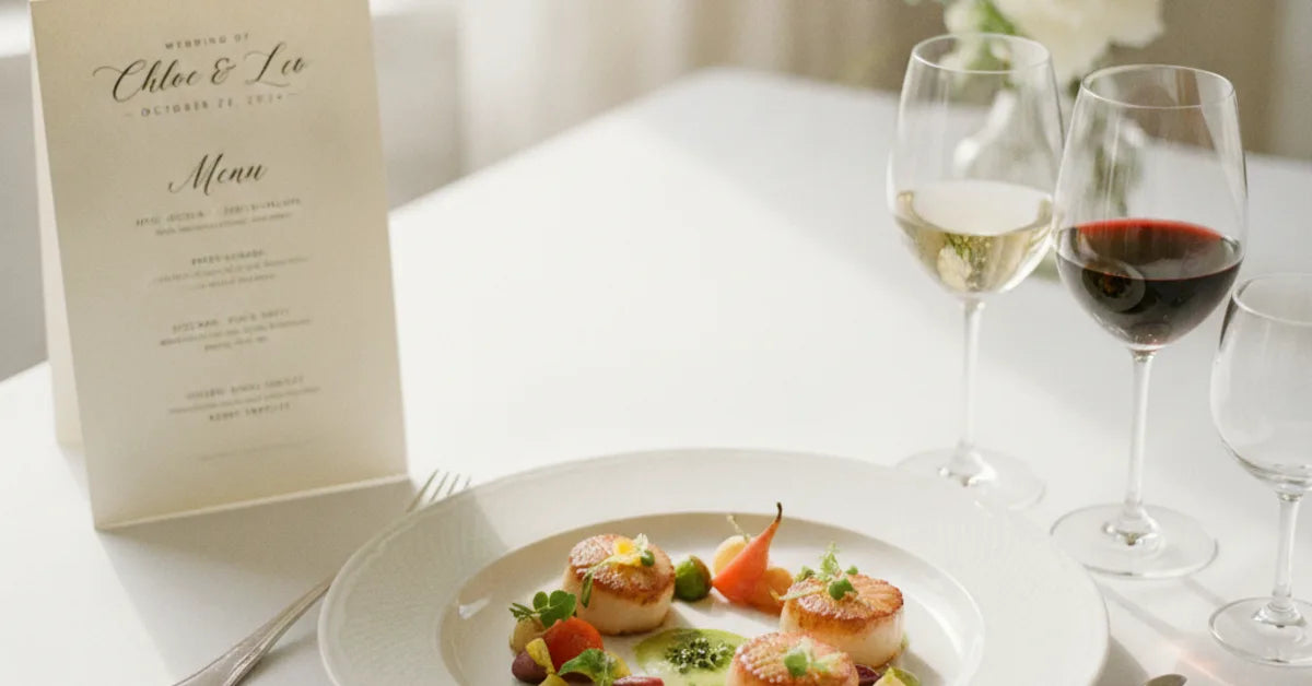 Assiette gastronomique de mariage dressée avec menu imprimé et verres à vin