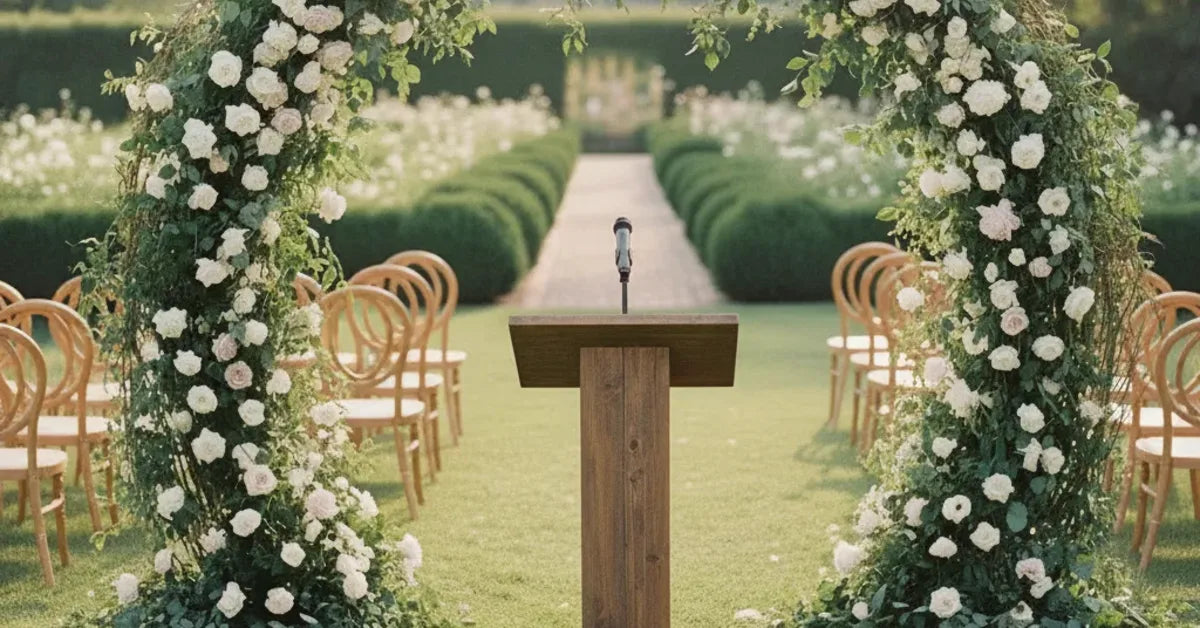 Pupitre d'officiant devant une arche fleurie lors d'une cérémonie laïque en extérieur