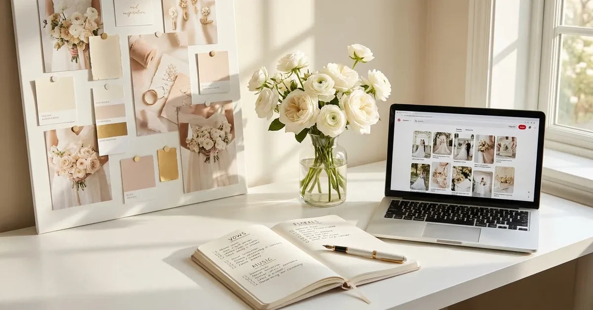 Bureau d'organisation de mariage avec mood board, fleurs et checklist pour tout planifier sereinement