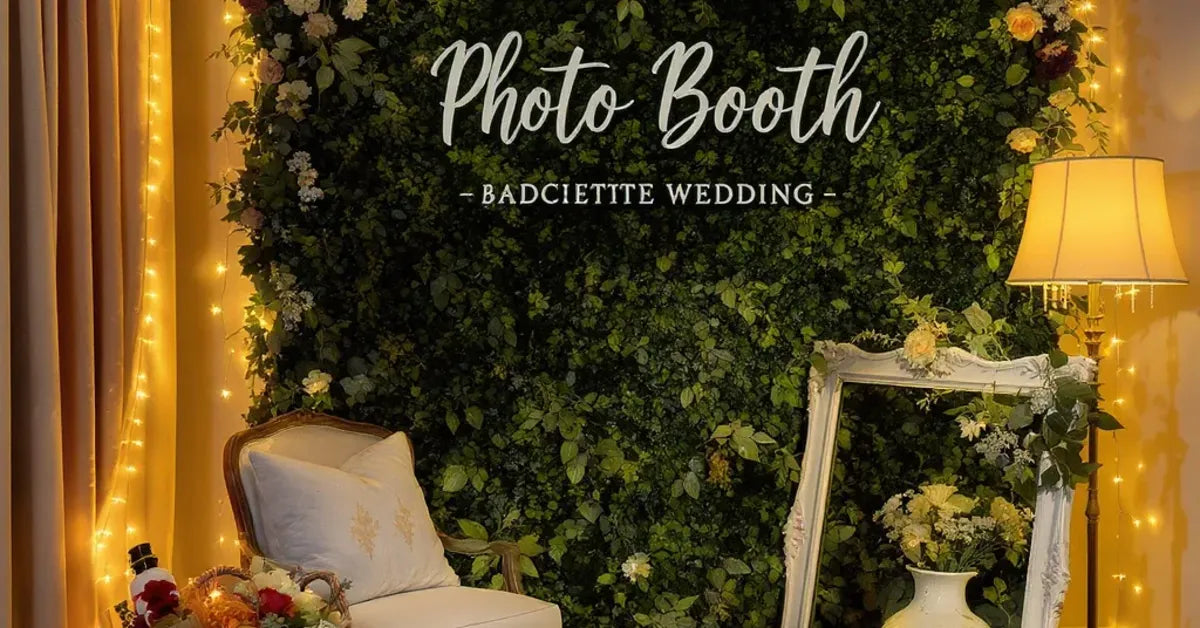 Coin photobooth de mariage avec fond fleuri, cadre vintage, accessoires et guirlandes lumineuses
