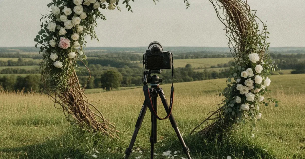 Appareil photo sur trépied face à une arche fleurie installée pour une cérémonie de mariage