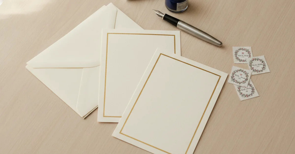 Faire-part de mariage, enveloppes et timbres préparés sur un bureau clair