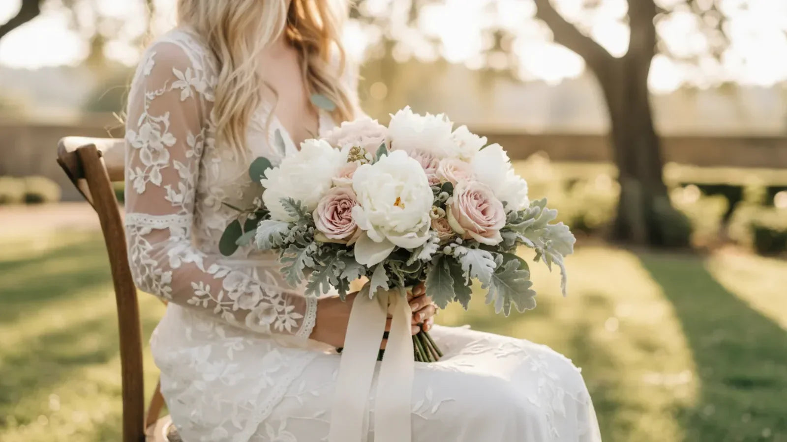 Bouquet mariee pivoines blanches roses pales eucalyptus ruban soie golden hour