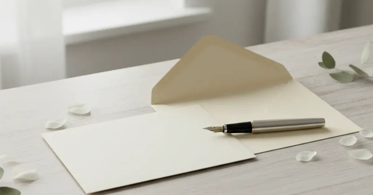 Carton d'invitation vierge, enveloppe et stylo plume posés sur un bureau clair