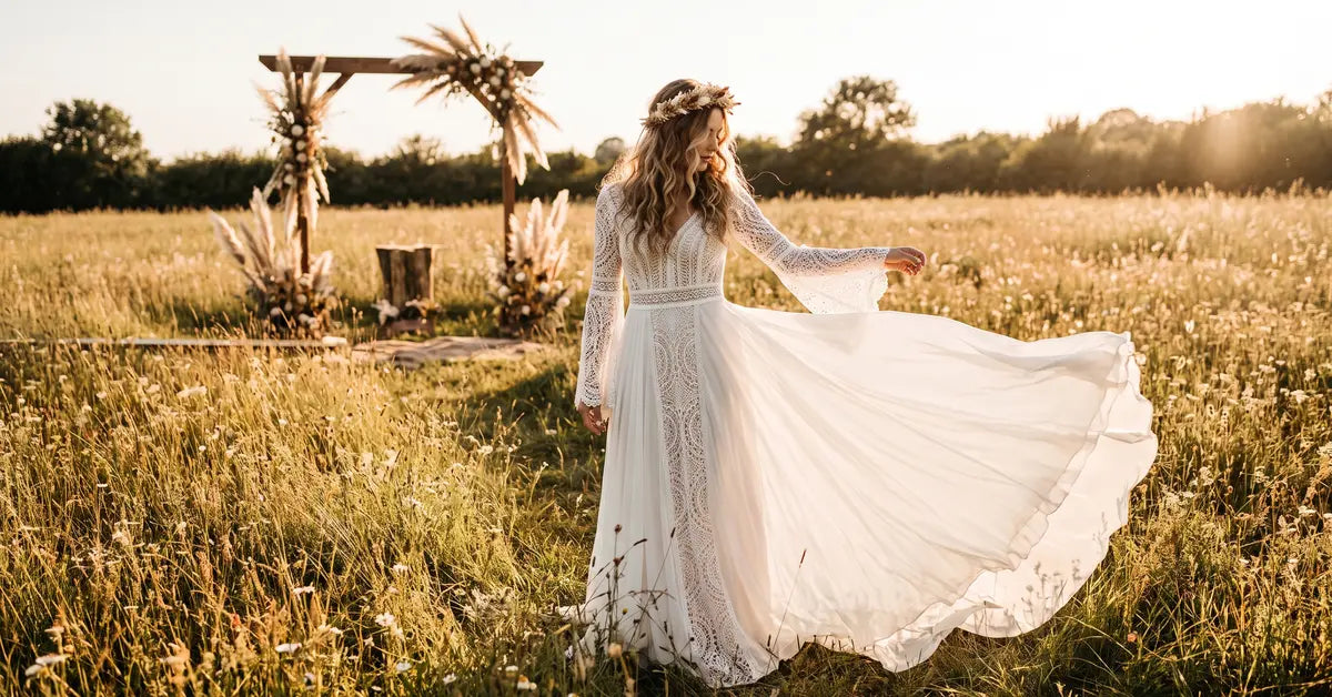 Mariée en robe blanche bohème en dentelle sous une arche de pampas dans une prairie
