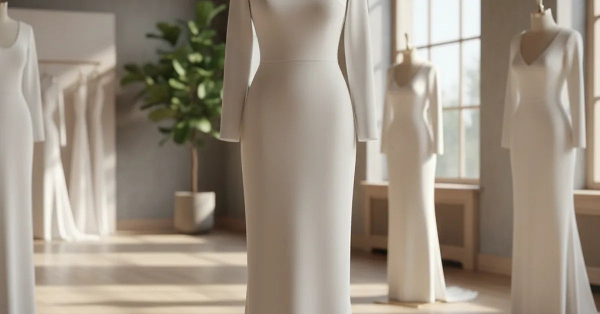 Robe de mariée moderne à coupe droite présentée sur mannequin dans un showroom