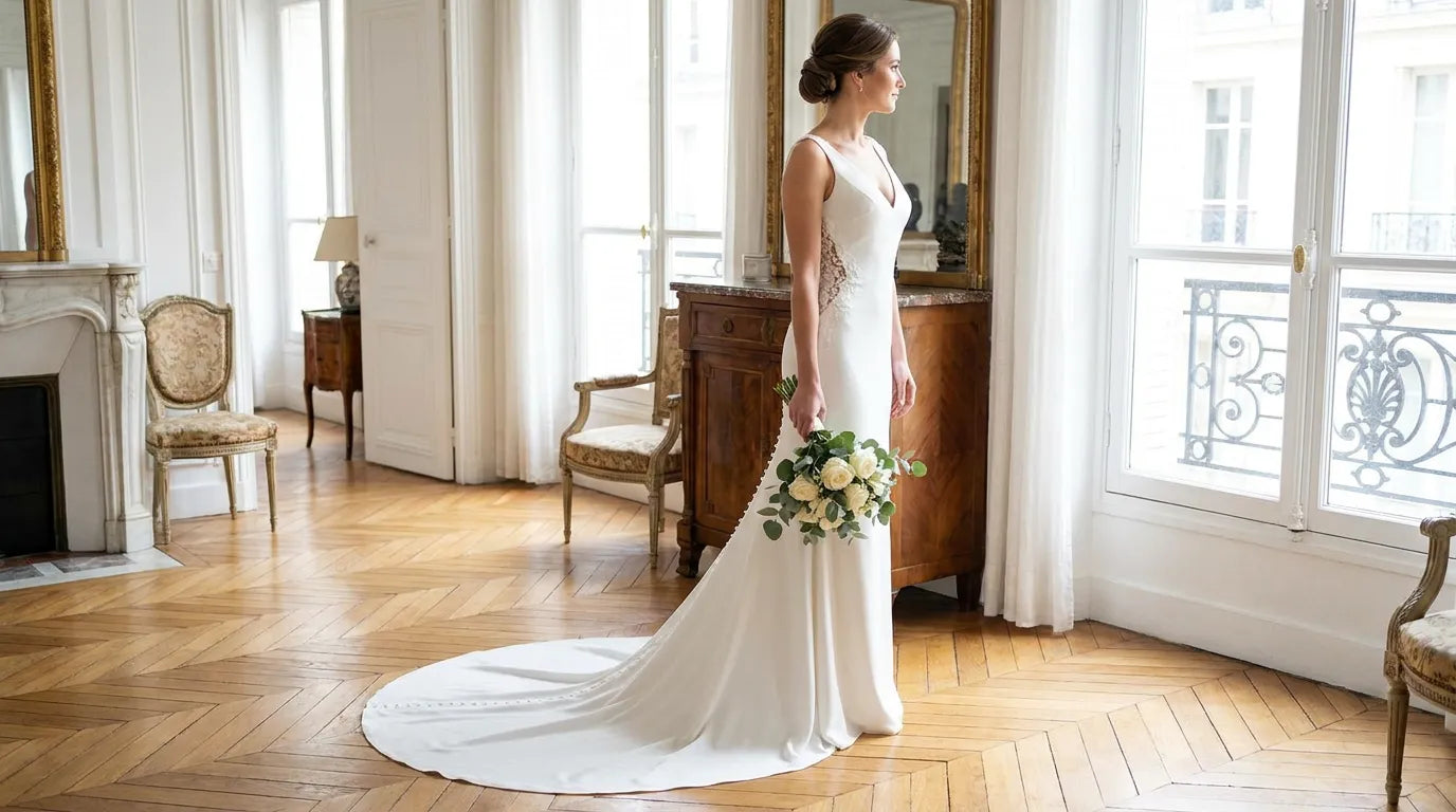 élégante femme en robe de mariée fourreau