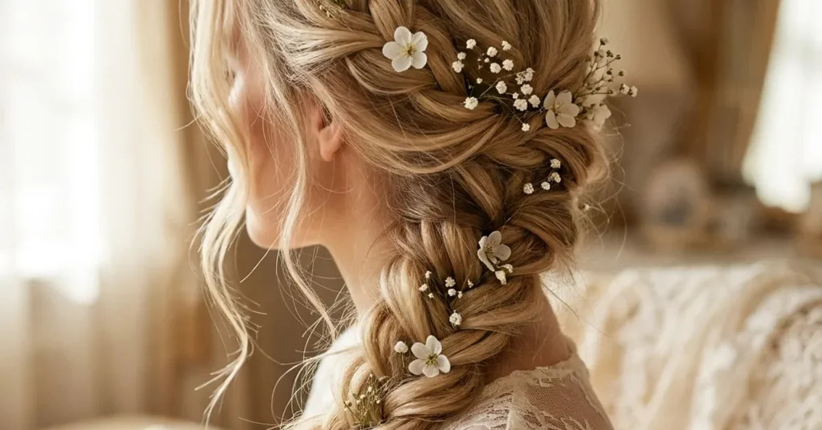 Coiffure de mariée tressée élégante, tresse souple ornée de petites fleurs blanches