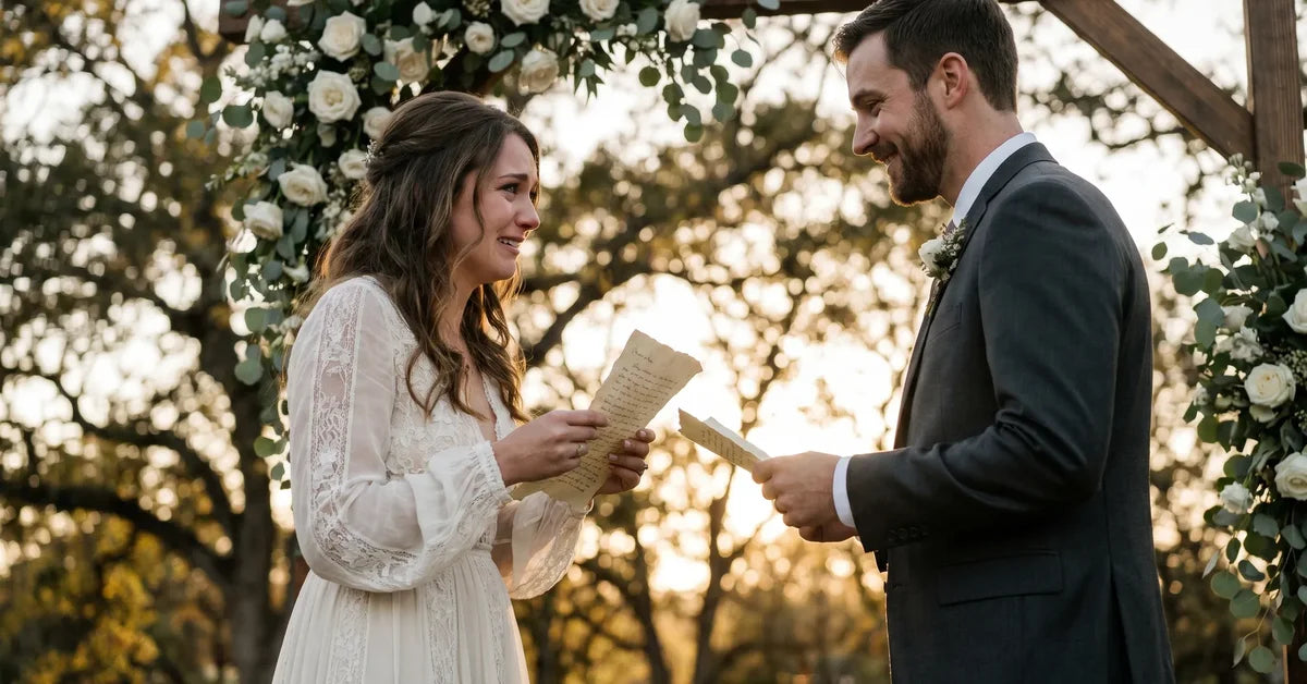 Mariés émus échangeant leurs vœux de mariage sous une arche fleurie au golden hour