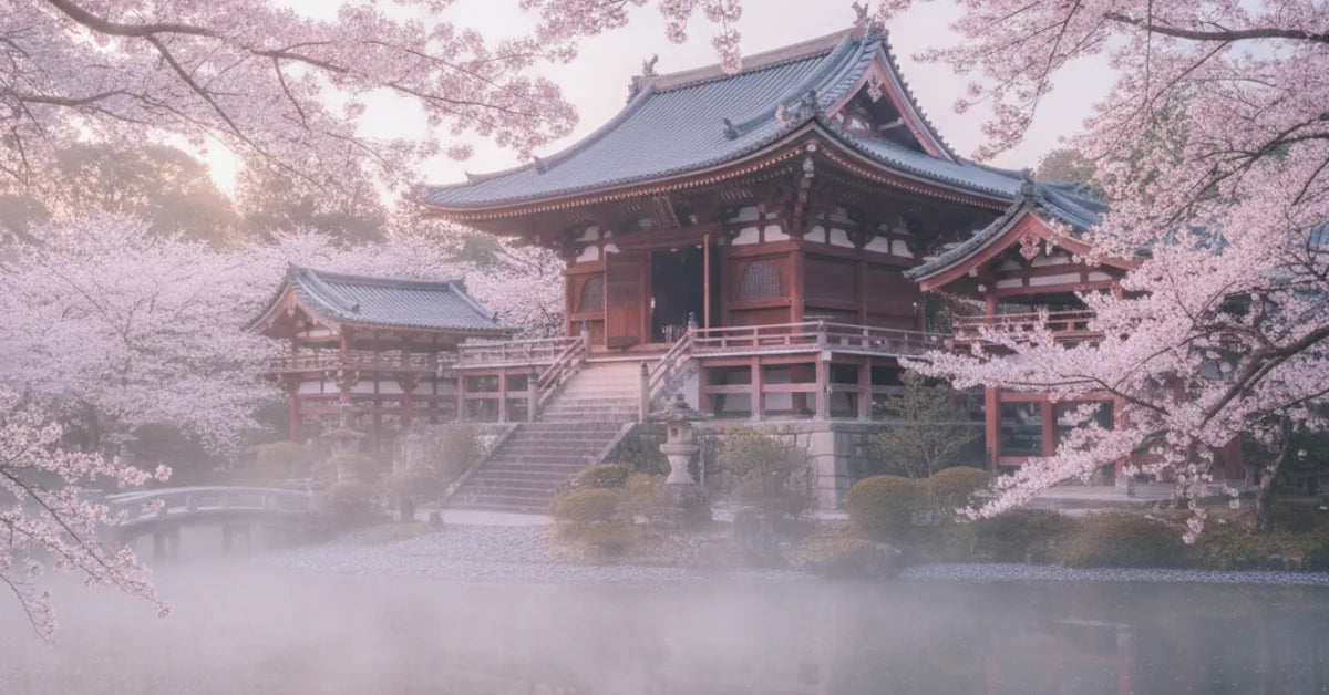 Temple japonais entouré de cerisiers en fleurs au lever du jour