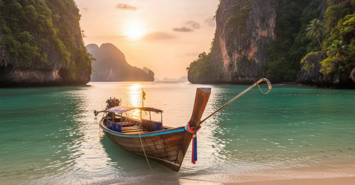 Plage de sable blanc thaïlandaise avec longtail boat et falaises calcaires