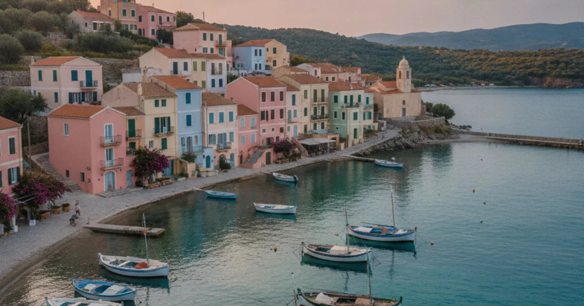 Village côtier méditerranéen aux maisons pastel et petits bateaux dans une baie