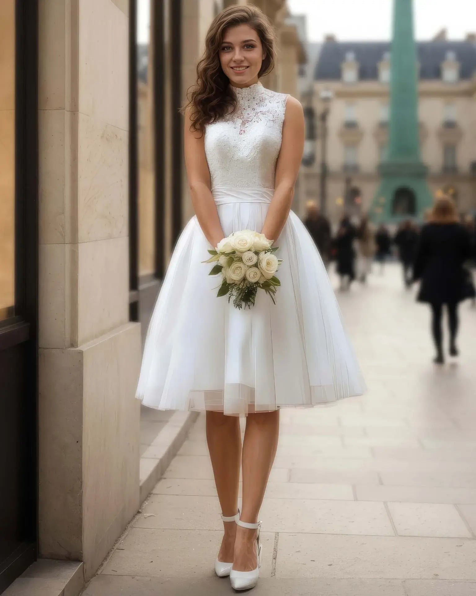 Robe de mariée courte vintage parisienne : dentelle élégante, coupe rétro années 50 et style chic pour un mariage moderne et raffiné.
