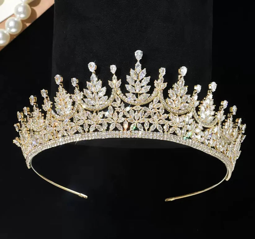 Diadème Mariage Doré Feuillage : diadème de mariée en zircone cubique