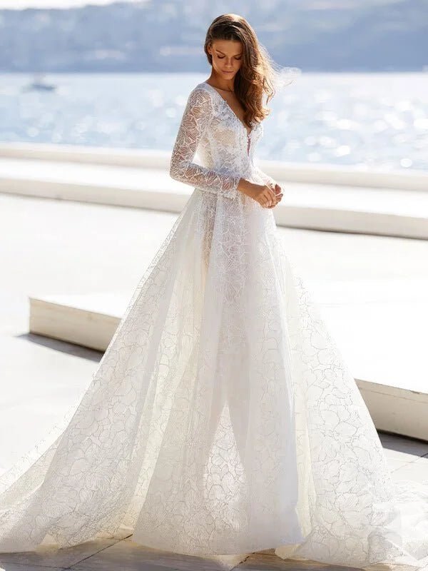 Boho Robes De Mariée Plage Robe Dentelle, vue de face, robe de mariée élégante