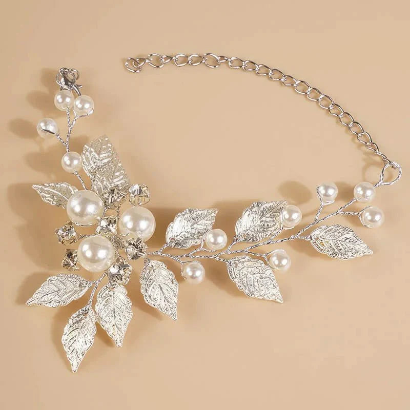 Bracelet mariée feuilles Argent, vue détaillée perles et finitions