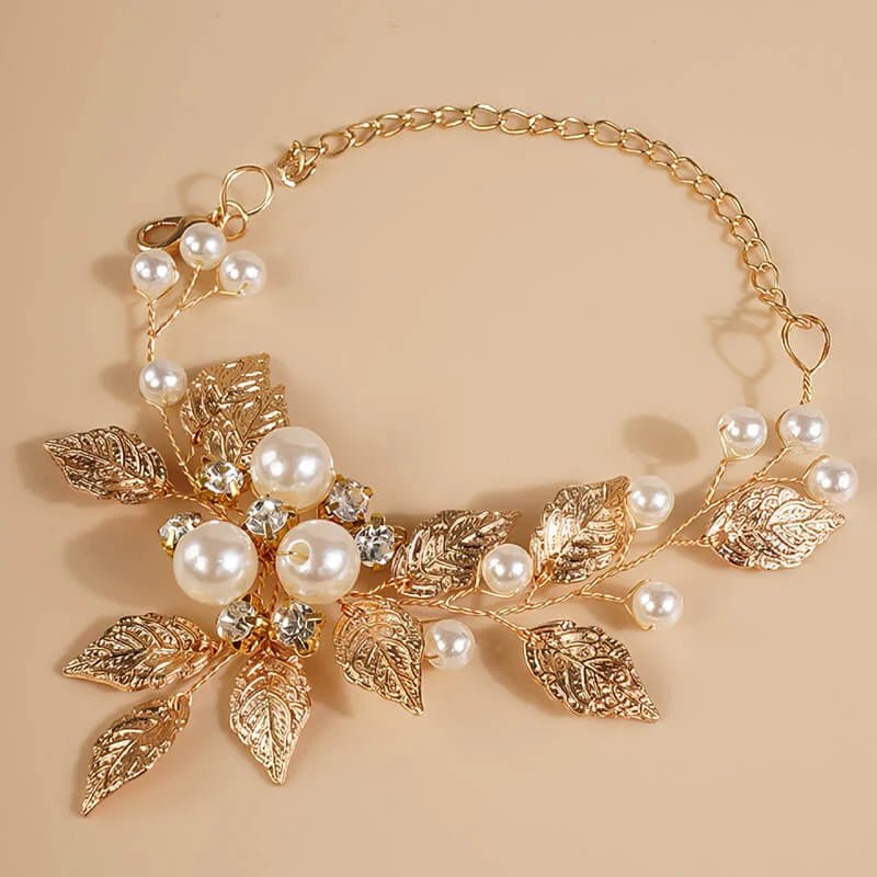 Bracelet mariée feuilles Or, vue détaillée perles et finitions